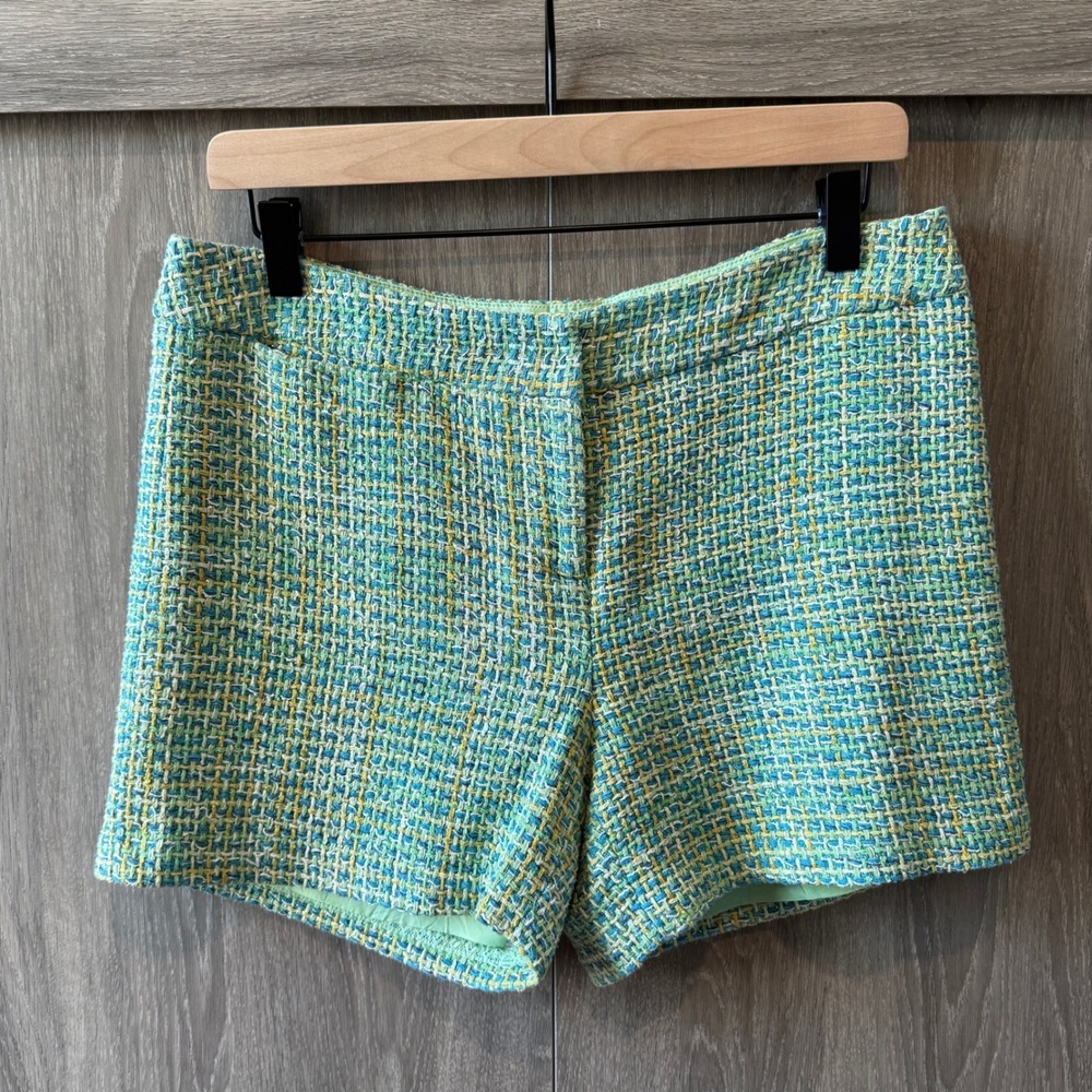 J.McLaughlin Tweed Shorts Womens 8 Green Silk Blend Metallic Preppy Old Money